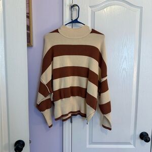 Altar'd State Brown and Cream Striped Turtleneck Sweater